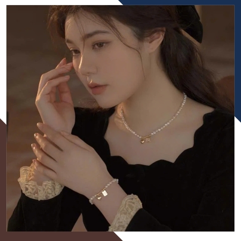 Bộ vòng cổ vòng tay ngọc trai thô phối mặt trái tim bạc cho nữ mặc áo dài trẻ đẹp mã 56T250B290
