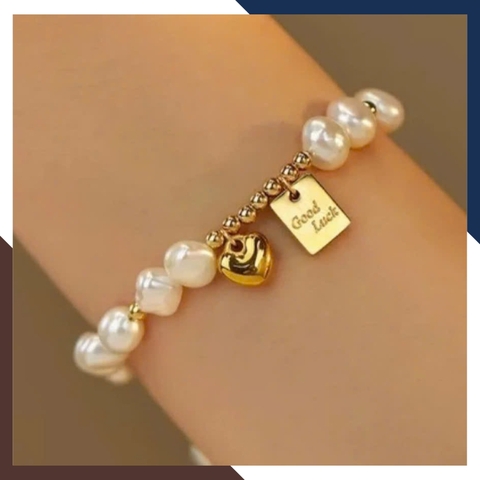 Bộ vòng cổ vòng tay ngọc trai thô phối mặt trái tim bạc cho nữ mặc áo dài trẻ đẹp mã 56T250B290