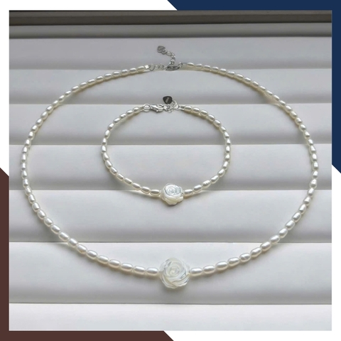 Bộ Vòng Ngọc Trai Thật Cho Nữ Mặc Áo Dài BTSNT142 – Nổi Bật & Toả Sáng Với Hoa Hồng Khảm Trai