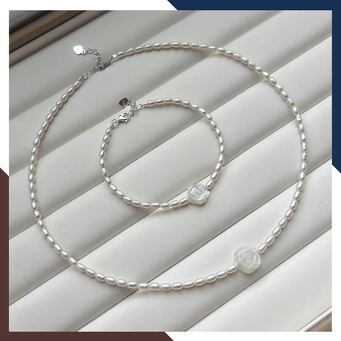 Bộ Vòng Ngọc Trai Thật Cho Nữ Mặc Áo Dài BTSNT142 – Nổi Bật & Toả Sáng Với Hoa Hồng Khảm Trai