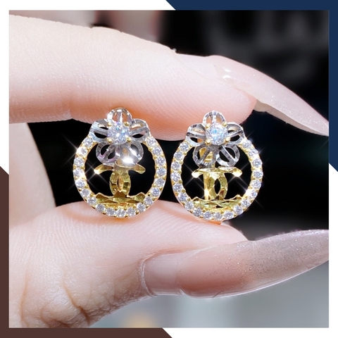 Bông tai chanel vàng tây 10k hình tròn đính bông hoa mai 5 cánh trẻ trung mới đẹp cho nữ,  mẫu chốt bấm bật mã TL55
