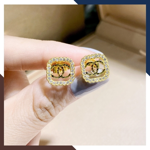 Bông tai Chanel vàng tây 10k kiểu chốt bấm viền hình vuông đính đá cho nữ đẹp mã TL47