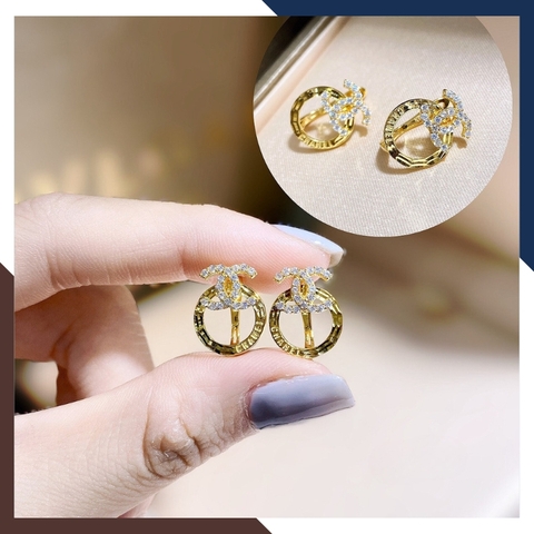 Bông tai Chanel vàng tây 10k viền tròn kiểu chốt bấm cho nữ đẹp mã TL52