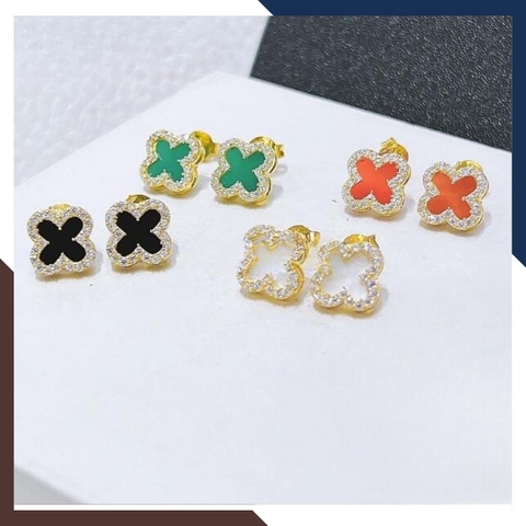 Bông tai cỏ 4 lá vàng tây 10k đen đỏ trắng xanh mã BTV07