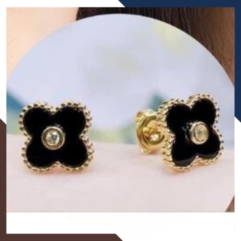 Bông tai cỏ 4 lá vàng tây 10k đen đỏ trắng xanh mã BTV07