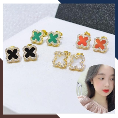 Bông tai cỏ 4 lá vàng tây 10k đen đỏ trắng xanh mã BTV07