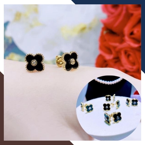 Bông tai cỏ 4 lá vàng tây 10k đen đỏ trắng xanh mã BTV07