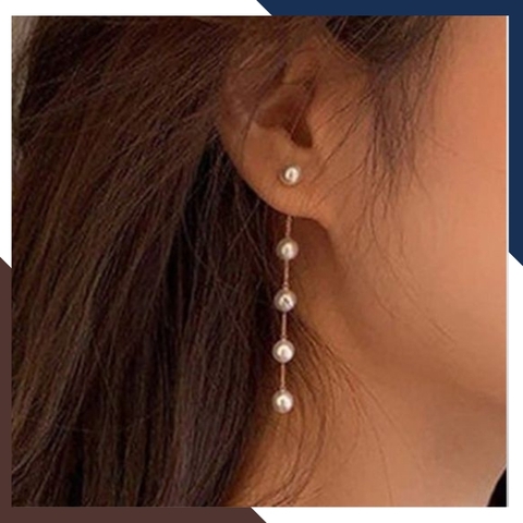 Bông tai dáng dài đính 5 viên ngọc trai, bông tai ngọc trai thật đẹp cho nữ mã k70t2l56