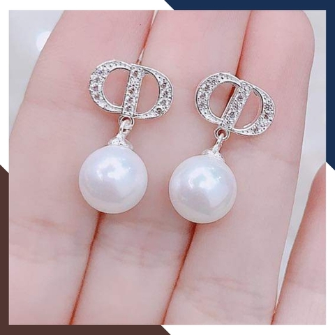 Bông tai ngọc trai CD dior dáng tòn ten lủng lẳng, hoa tai bạc đính ngọc trai thật đẹp cho nữ mã K65TT89