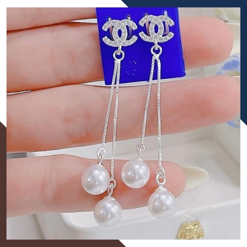 Bông tai ngọc trai chanel dáng dài, bông tai 2 dây bạc đính 2 viên ngọc trai thật đẹp cho nữ mã K65TT78