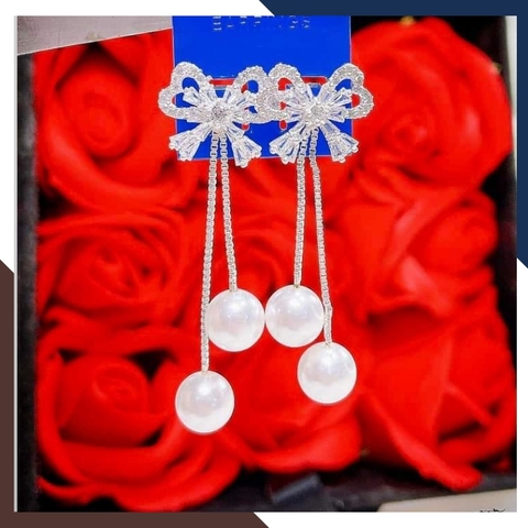Bông tai ngọc trai dáng dài, bông tai 2 dây bạc đính ngọc trai thật mặt hình nơ mẫu mới đẹp cho nữ mã K90TT78