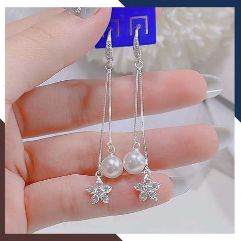 Bông tai ngọc trai móc câu dáng dài đính bông hoa bạc 5 cánh, bông tai ngọc trai thật đẹp cho nữ mã K65TT78