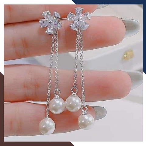 Bông tai ngọc trai dáng dài hình hoa mẫu mới đẹp cho nữ, bông tai 2 dây đính ngọc trai tự nhiên mã K115TT78