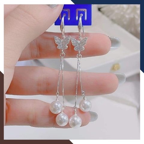 Bông tai ngọc trai móc câu dáng dài, bông tai 2 dây đính ngọc trai thật hình bướm mẫu mới đẹp cho nữ mã K73TT78