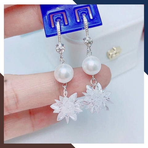 Bông tai ngọc trai móc câu dáng dài hình bông tuyết, hoa tai ngọc trai thật đẹp cho nữ mã K65T2L89