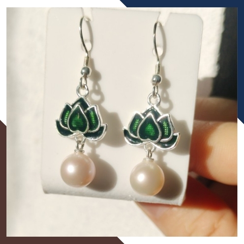Bông tai ngọc trai móc câu dáng dài hình hoa sen đẹp cho nữ mã k90tt89