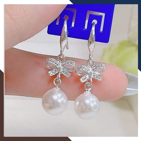 Bông tai ngọc trai móc câu tòn ten dáng dài, bông tai ngọc trai thật hình nơ đẹp cho nữ mã K55TT78