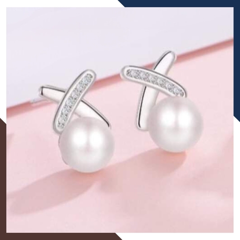 Bông tai ngọc trai nụ bạc hình chữ X sát tai đẹp cho nữ mã b45x55td78
