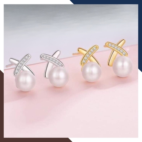 Bông tai ngọc trai nụ bạc hình chữ X sát tai đẹp cho nữ mã b45x55td78