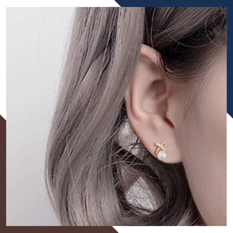 Bông tai ngọc trai nụ bạc hình chữ X sát tai đẹp cho nữ mã b45x55td78