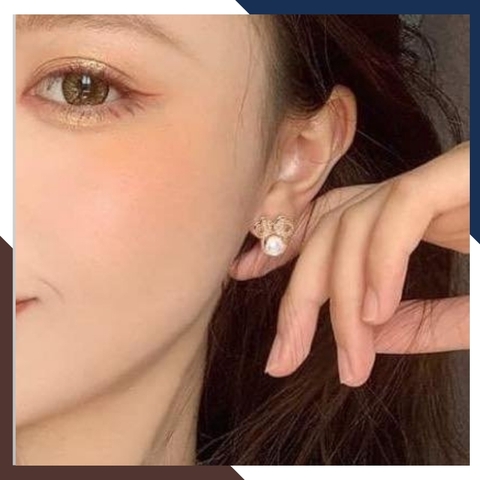 Bông tai ngọc trai nụ bạc hình gấu đính nơ mạ vàng cho nữ đẹp mã B50X60TD89