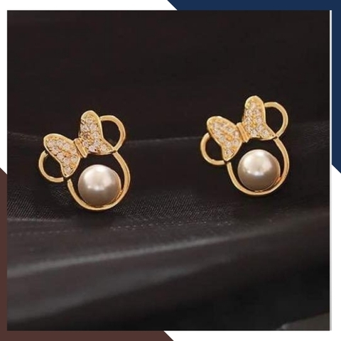 Bông tai ngọc trai nụ bạc hình gấu đính nơ mạ vàng cho nữ đẹp mã B50X60TD89
