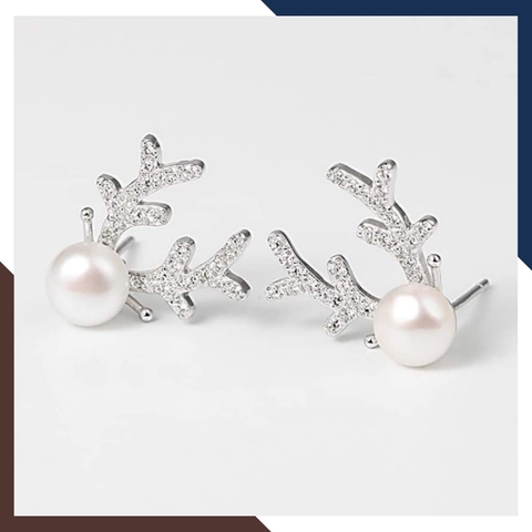 Bông tai ngọc trai nụ bạc hình sừng hươu cho nữ đẹp mã K70TD910