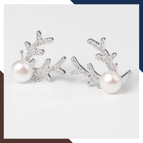 Bông tai ngọc trai nụ bạc hình sừng hươu cho nữ đẹp mã K70TD910