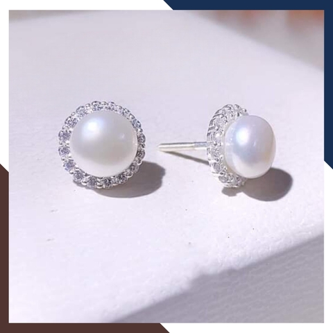 Bông tai ngọc trai nụ bạc viền tròn đính đá cho nữ đẹp mã K100TD89