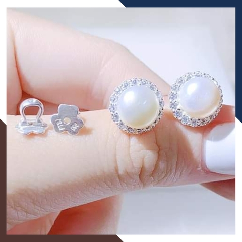 Bông tai ngọc trai nụ bạc viền tròn đính đá cho nữ đẹp mã K100TD89