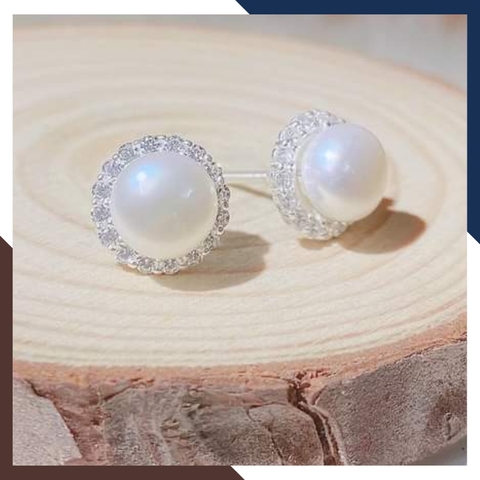 Bông tai ngọc trai nụ bạc viền tròn đính đá cho nữ đẹp mã K100TD89