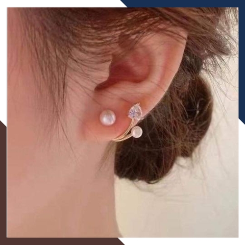 Bông tai ngọc trai nước ngọt kiểu ôm vành gắn đá B60X70T47