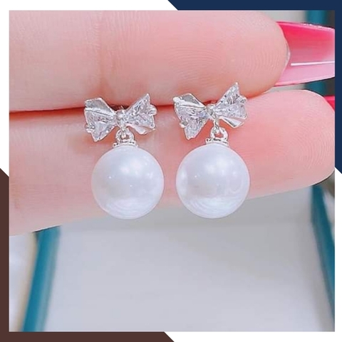 Bông tai ngọc trai thật dáng tòn ten hình nơ bạc đính đá đẹp cho nữ mã K30TT78