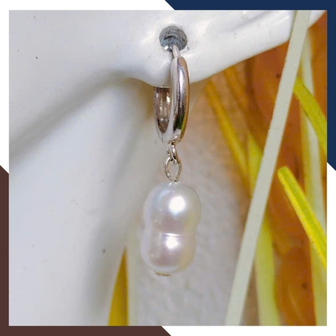 Bông Tai Ngọc Trai Thật Hình Hồ Lô Kiểu Khoen Tròn Bằng Bạc Xi Bạch Kim BTNT151