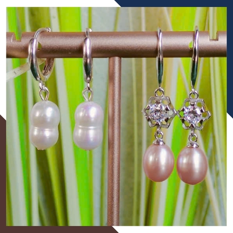 Bông Tai Ngọc Trai Thật Hình Hồ Lô Kiểu Khoen Tròn Bằng Bạc Xi Bạch Kim BTNT151