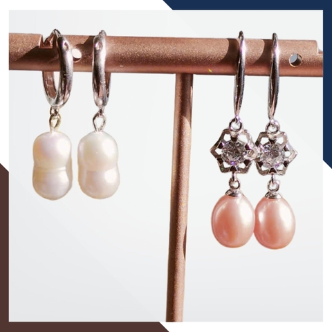 Bông Tai Ngọc Trai Thật Hình Hồ Lô Kiểu Khoen Tròn Bằng Bạc Xi Bạch Kim BTNT151