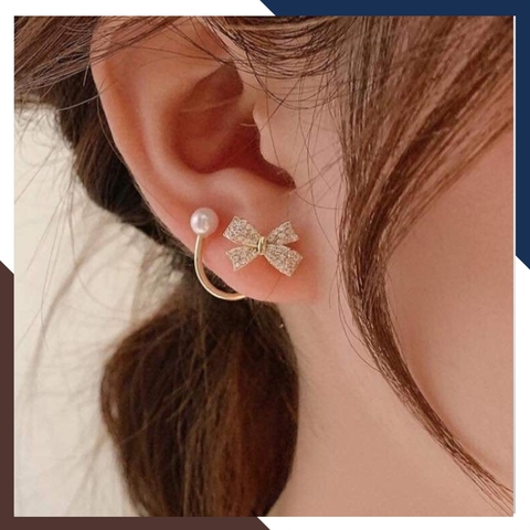 Bông tai ngọc trai thật, hoa tai ngọc trai nhỏ khung bạc ôm vành tai hình nơ đẹp cho nữ mã B60X70T4