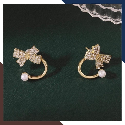 Bông tai ngọc trai thật, hoa tai ngọc trai nhỏ khung bạc ôm vành tai hình nơ đẹp cho nữ mã B60X70T4