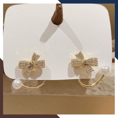 Bông tai ngọc trai thật, hoa tai ngọc trai nhỏ khung bạc ôm vành tai hình nơ đẹp cho nữ mã B60X70T4