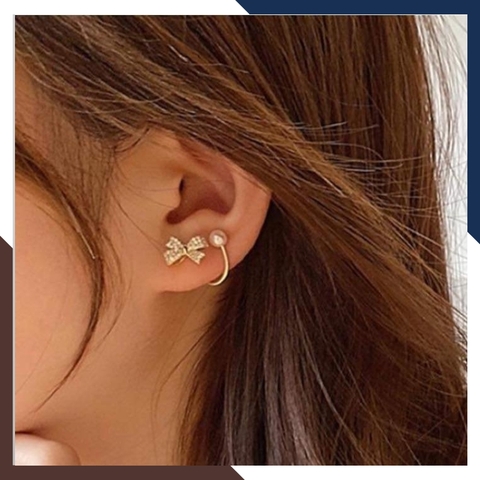 Bông tai ngọc trai thật, hoa tai ngọc trai nhỏ khung bạc ôm vành tai hình nơ đẹp cho nữ mã B60X70T4