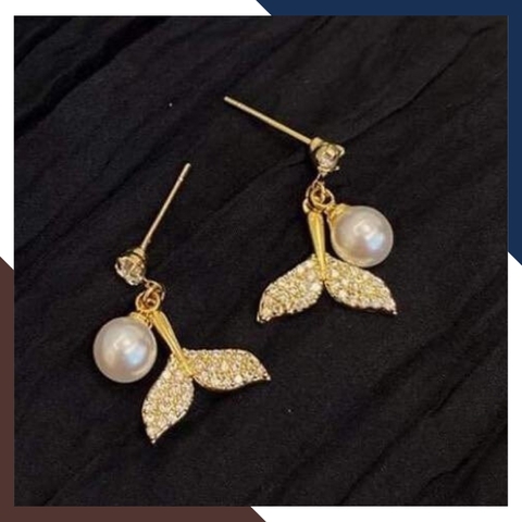 Bông tai ngọc trai thật, hoa tai ngọc trai tòn ten hình đuôi cá mã B55X65TT78