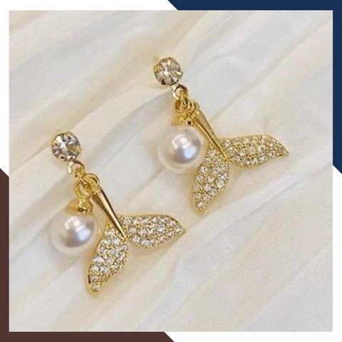 Bông tai ngọc trai thật, hoa tai ngọc trai tòn ten hình đuôi cá mã B55X65TT78