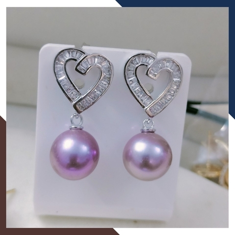 Bông Tai Ngọc Trai Thật Màu Tím Hình Trái Tim Bạc Đẹp BTNT116