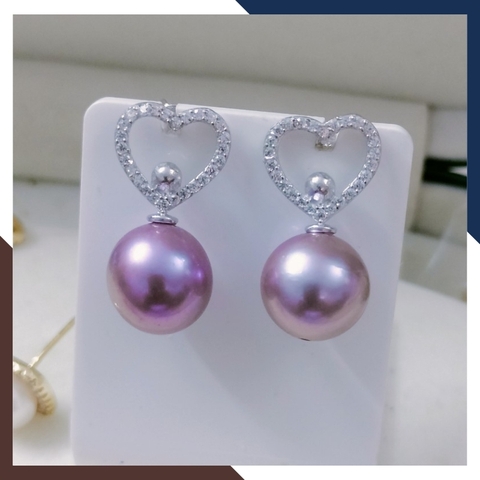 Bông Tai Ngọc Trai Thật Màu Tím Khung Bạc Hình Trái Tim BTNT113