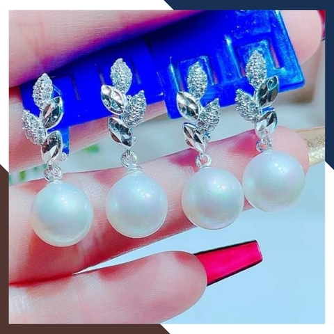 Bông tai ngọc trai tòn ten hình chiếc lá, bông tai bạc đính ngọc trai thật đẹp sang trọng cho nữ mã K75TT78