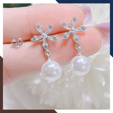 ​​​​​​​Bông tai ngọc trai tòn ten hình hoa 5 cánh, bông tai bạc đính ngọc trai thật dễ thương cho nữ mã K60TT78