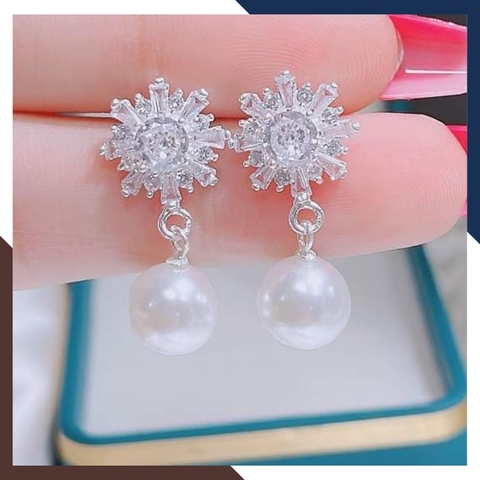 Bông tai ngọc trai tòn ten hình hoa đá, bông tai bạc đính ngọc trai thật đẹp cho nữ mã K75TT78