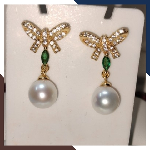 Bông tai ngọc trai tòn ten hình nơ bạc Ý mạ vàng mẫu mới AC92TT78