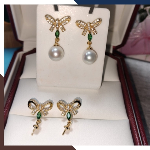 Bông tai ngọc trai tòn ten hình nơ bạc Ý mạ vàng mẫu mới AC92TT78