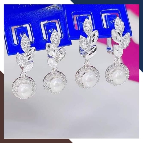 Bông tai ngọc trai tòn ten khung bạc hình chiếc lá cho nữ đẹp mã K90TD89